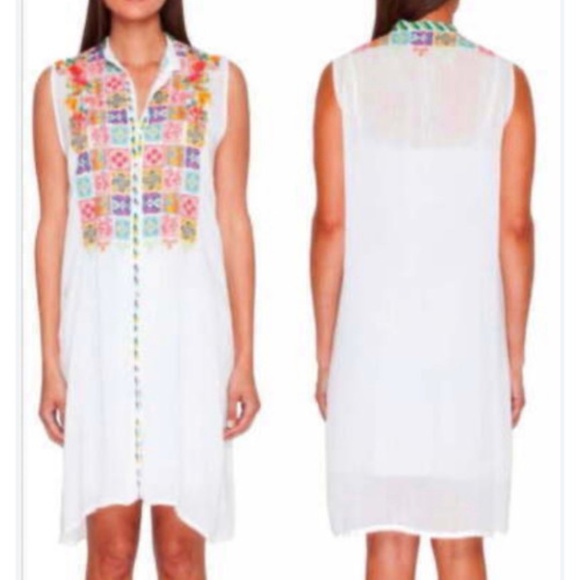 Johnny Was Torreya Button Down Shirt Dress Sleeveless Size L White Embroidered